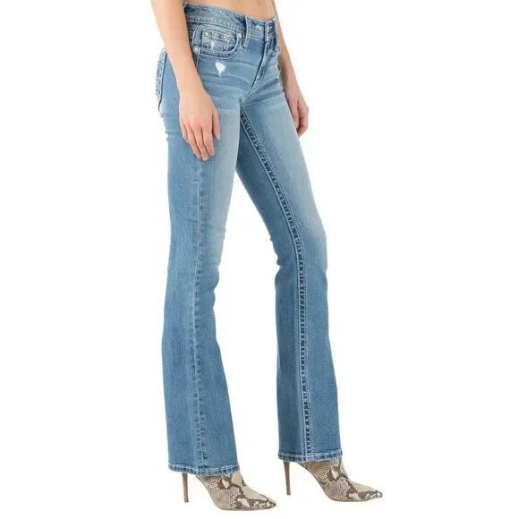 Miss Me Women's Mid Rise Classic Destroyed M Bootcut Jeans 27W x 34L Light Blue